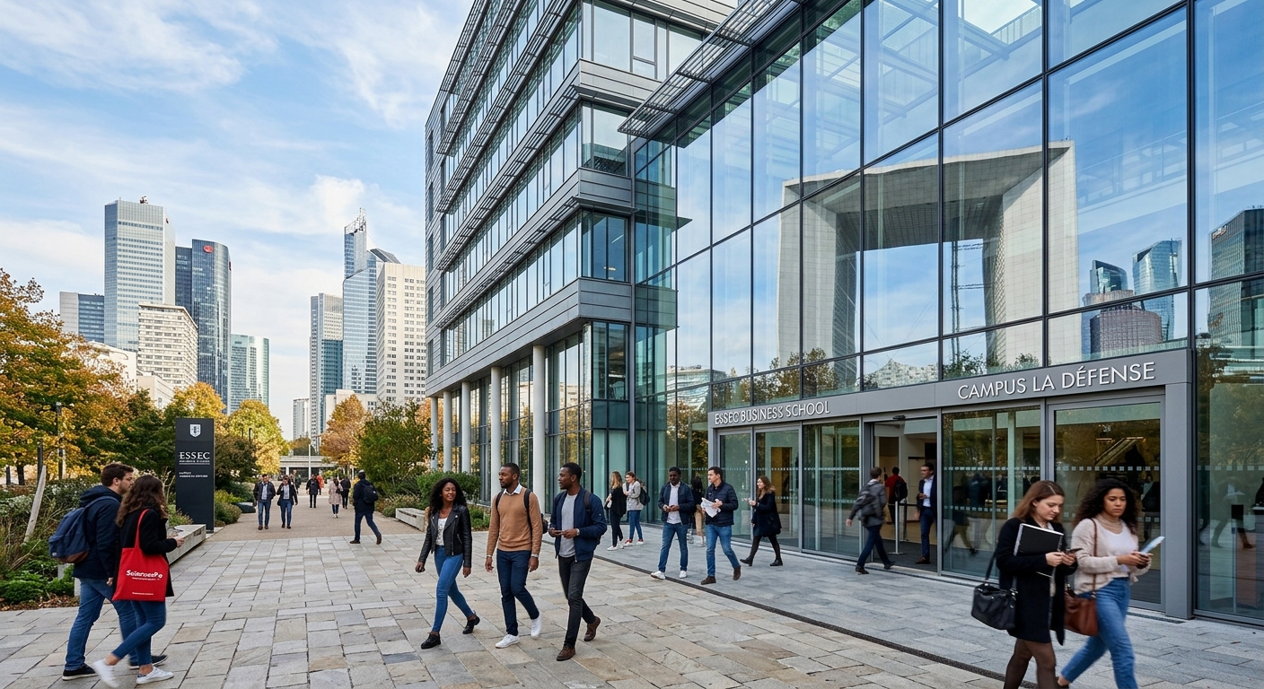 Modern Parisian campus building at La Défense business district, glass facade reflecting city skyline, diverse international students walking through entrance plaza, professional business school atmosphere with French architectural elements