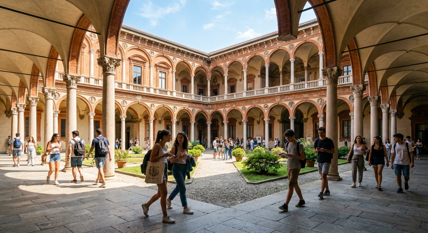 Historic University of Milan main building with Renaissance courtyard, students walking through arched corridors, sunny day in Milan Italy with classical Italian architecture