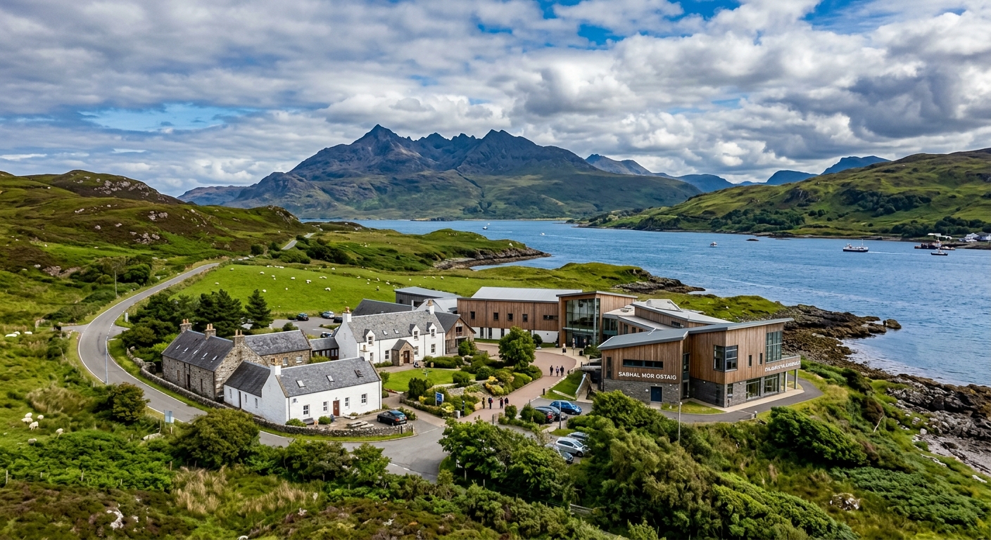 Sabhal Mor Ostaig campus on the Isle of Skye, traditional Scottish stone buildings with modern extensions, dramatic Cuillin mountains in background, green rolling hills