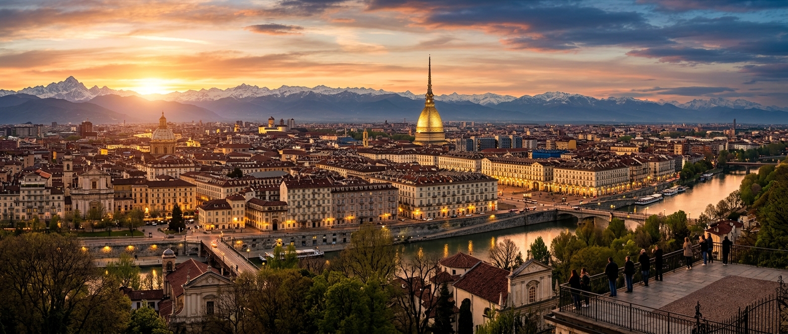 Panoramic cityscape of Turin Italy at sunset, the Mole Antonelliana tower rising above baroque rooftops, snow-capped Alps visible in the background, the Po River curving through the city, warm golden light