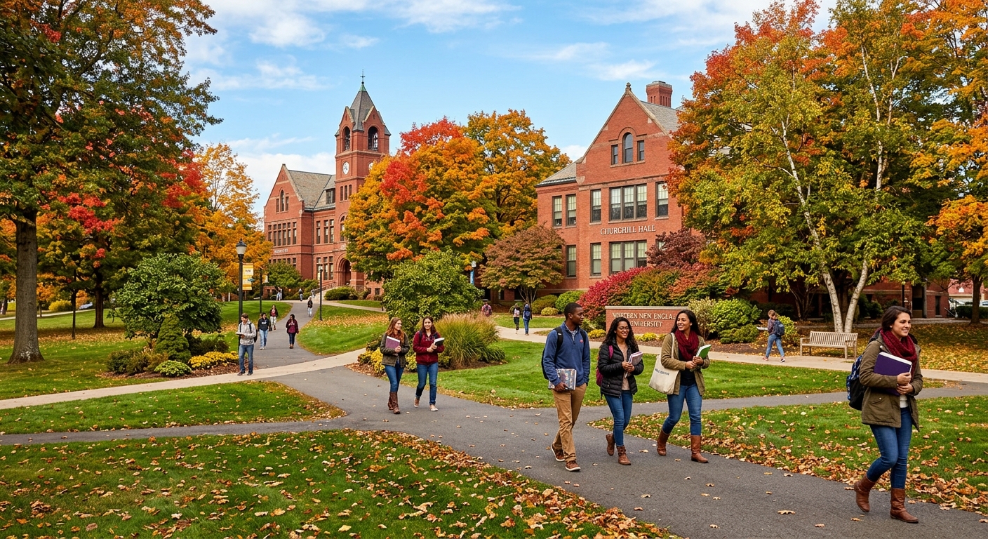 Western New England University campus in Springfield Massachusetts, red brick academic buildings surrounded by green lawns and mature trees, students walking along pathways with books, autumn foliage in New England setting