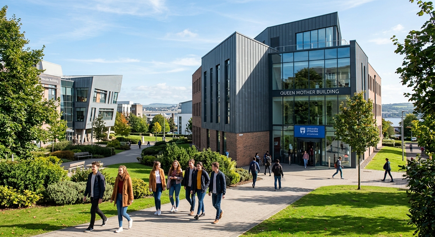 University of Dundee campus in Scotland with the Queen Mother Building computing centre, modern academic architecture surrounded by green spaces, students walking between buildings on a bright day