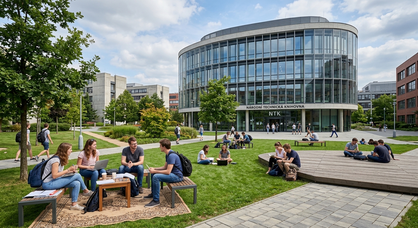 National Technical Library modern glass and steel building at CTU campus, contemporary architecture with green park area, students studying outdoors