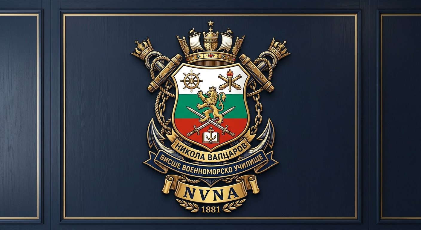 Nikola Vaptsarov Naval Academy official emblem featuring naval anchor, shield crest with maritime symbols, Bulgarian national colors, text reading NVNA