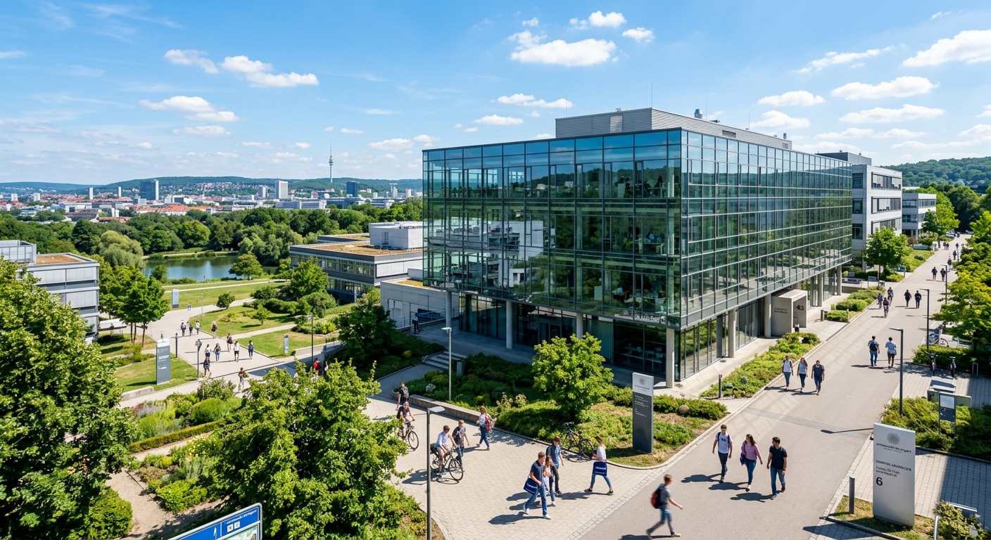 Modern university campus at University of Stuttgart Vaihingen, engineering faculty building with glass facade, students walking between lecture halls, green trees and blue sky, Stuttgart cityscape in background
