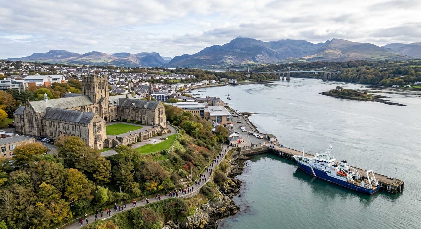 Aerial view of Bangor University campus with the Menai Strait and Snowdonia mountains in the background, research vessel docked at the pier, students walking along coastal pathways, bright overcast sky typical of North Wales