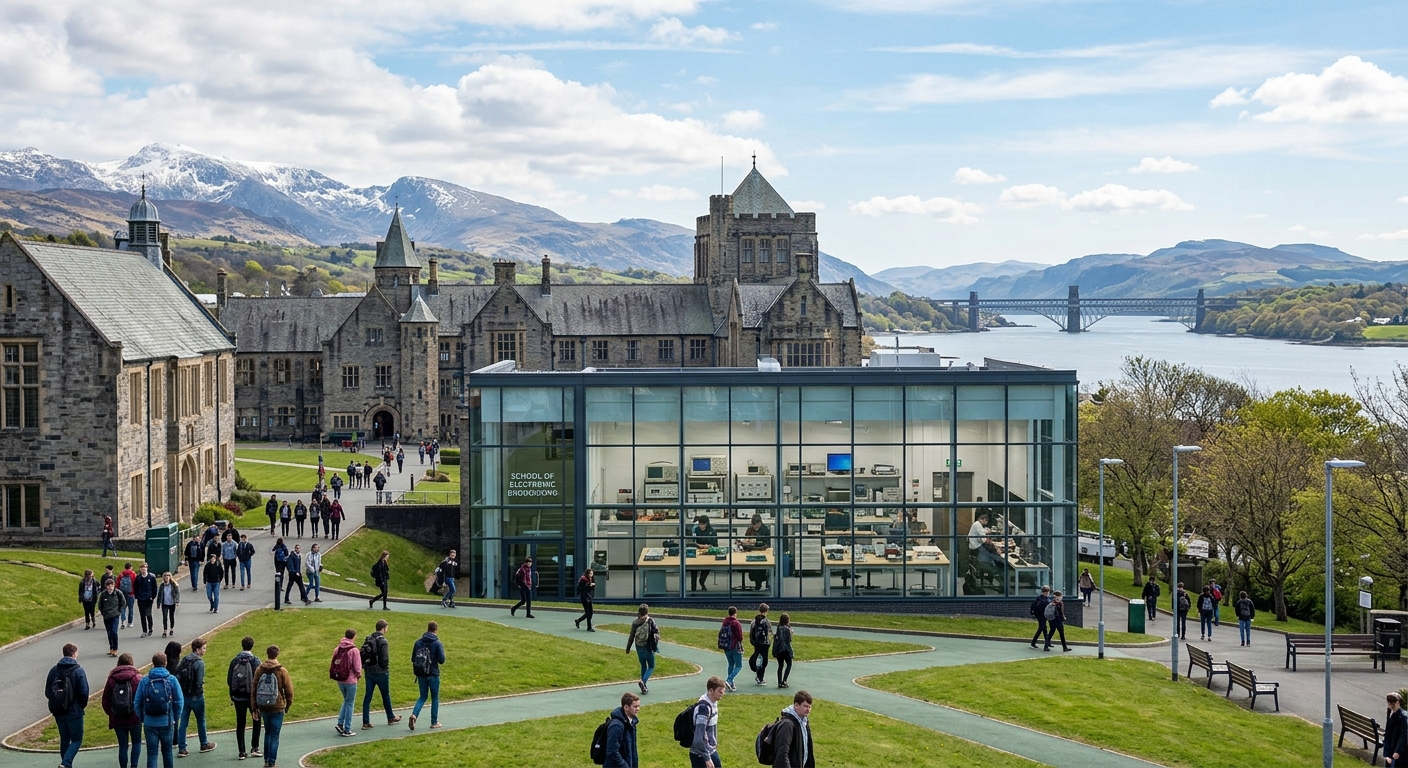 Bangor University campus with historic stone buildings nestled between Snowdonia mountains and the Menai Strait, electronic engineering laboratory equipment visible through modern glass-fronted building, students walking on green campus paths under partly cloudy Welsh sky