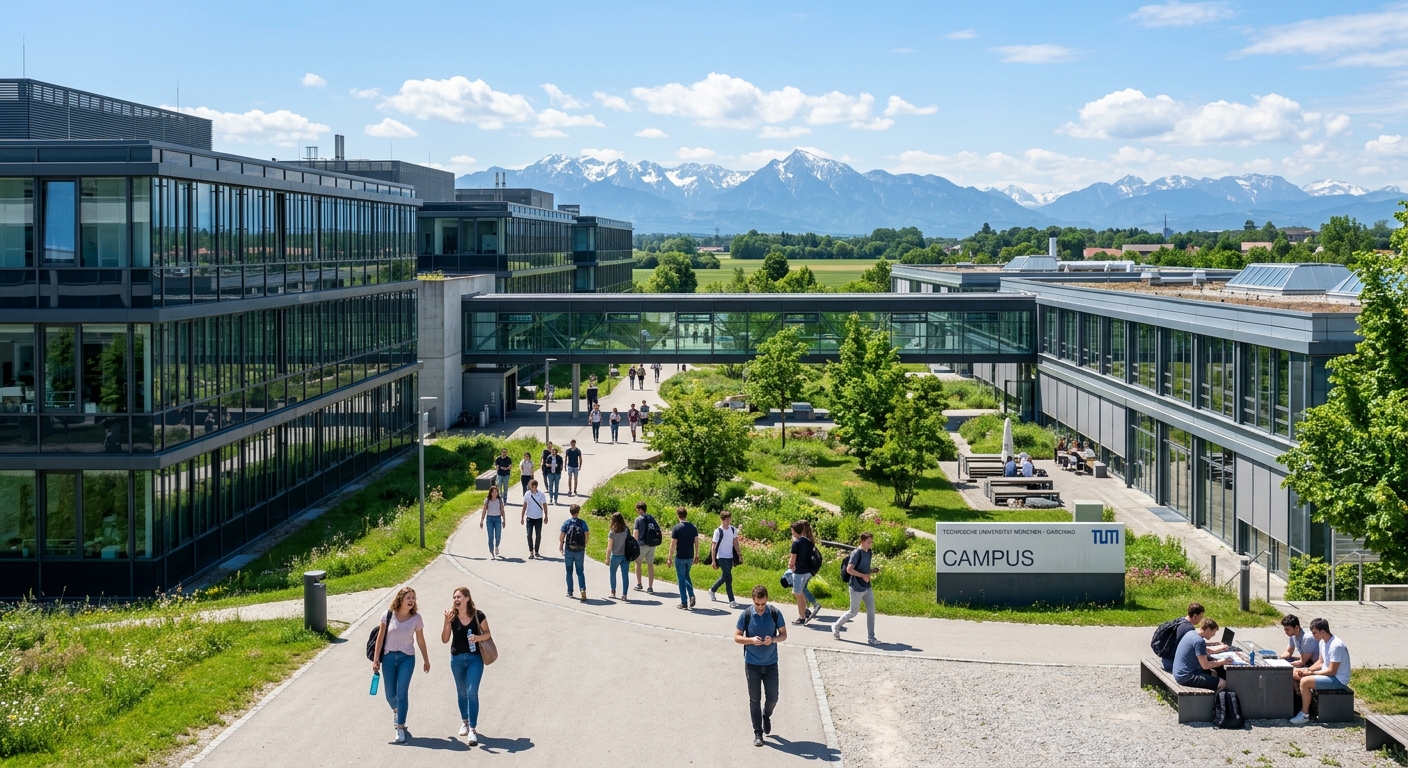 Modern TUM campus building at Garching near Munich, glass and steel architecture with green courtyard, students walking between lecture halls on a sunny day, Bavarian Alps visible in the background