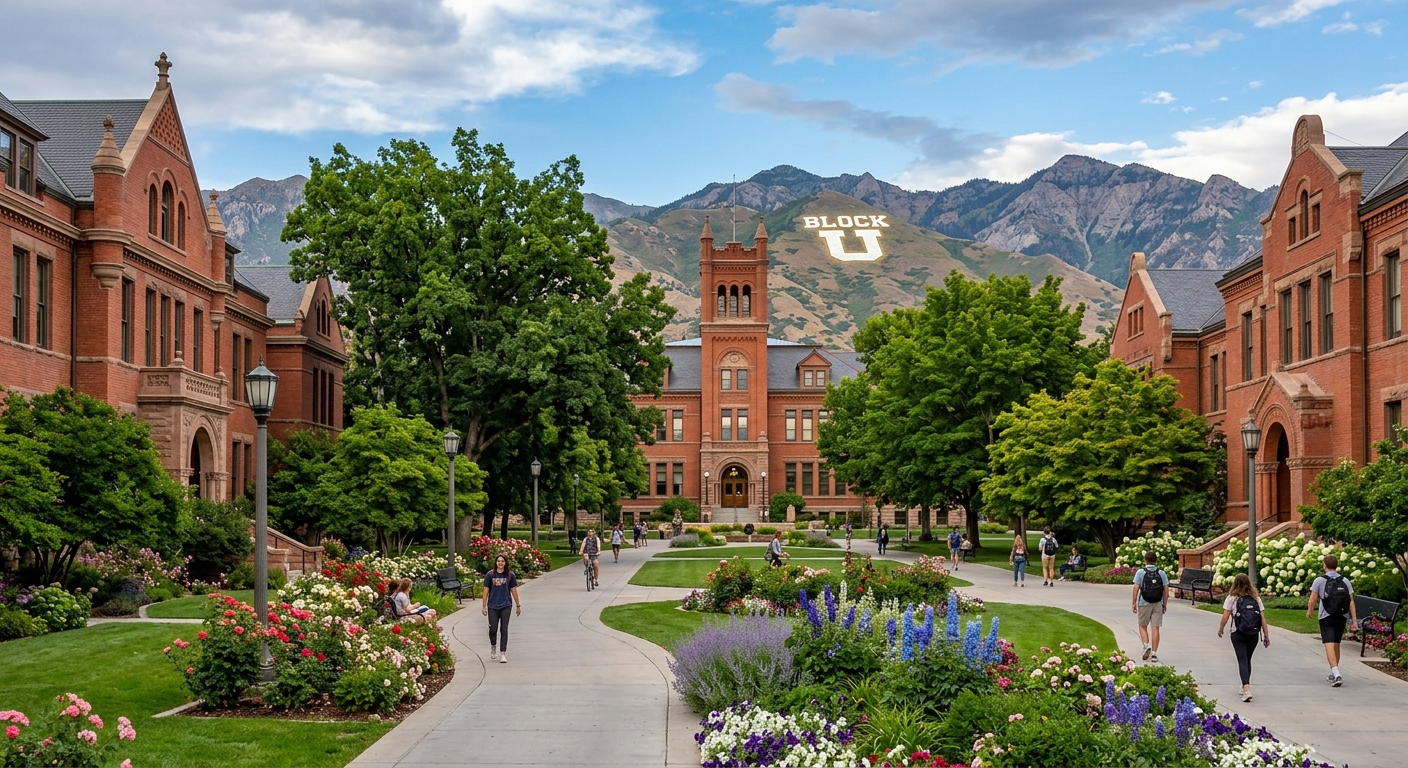 University of Utah Presidents Circle historic area with red brick buildings, flowering gardens, and the iconic Block U visible on Mount Van Cott in the background