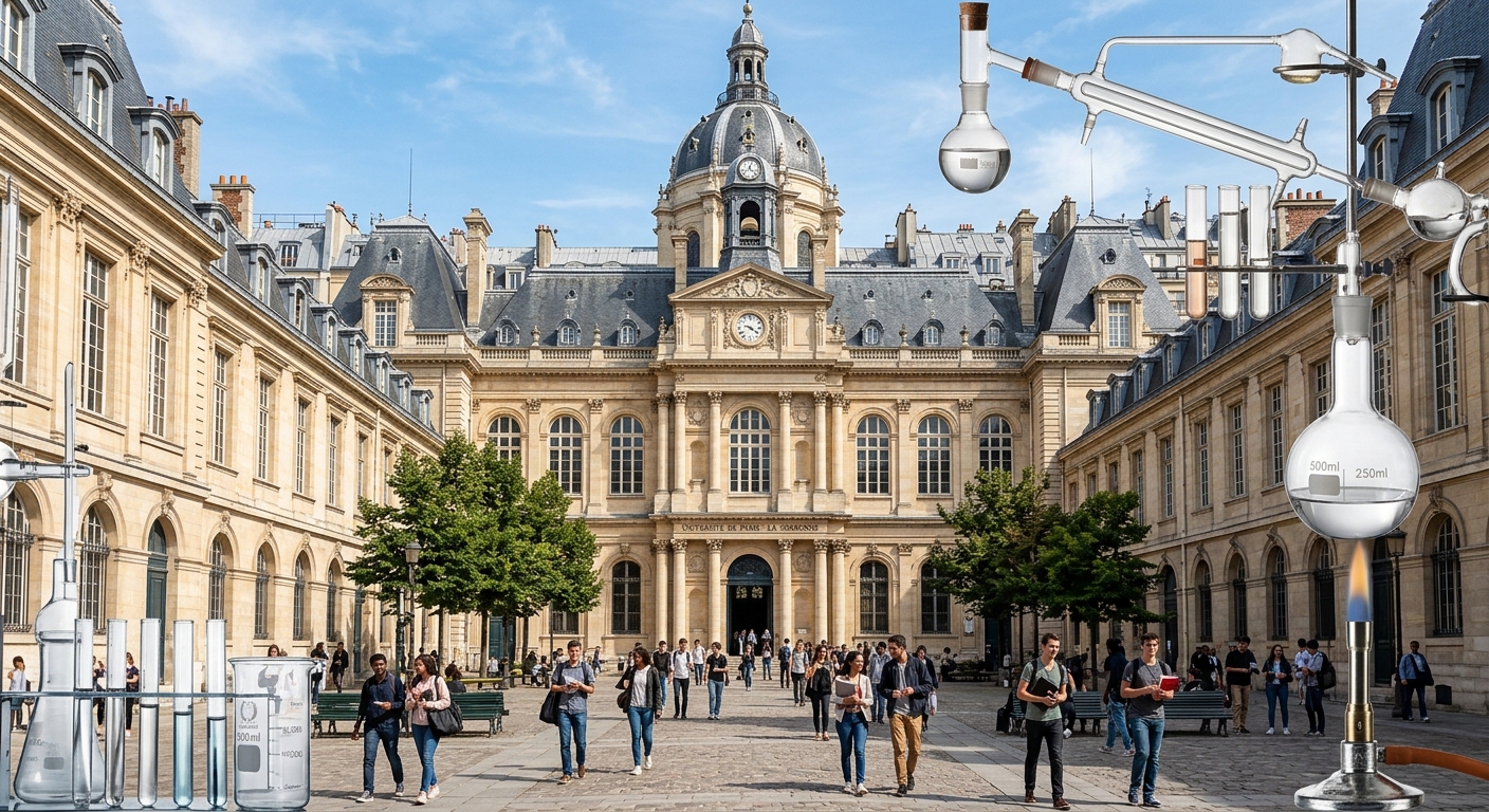 Historic Sorbonne University campus in Paris Latin Quarter, classical stone architecture with arched windows, students walking through courtyard, chemistry laboratory glassware overlay, Parisian rooftops in background under clear blue sky