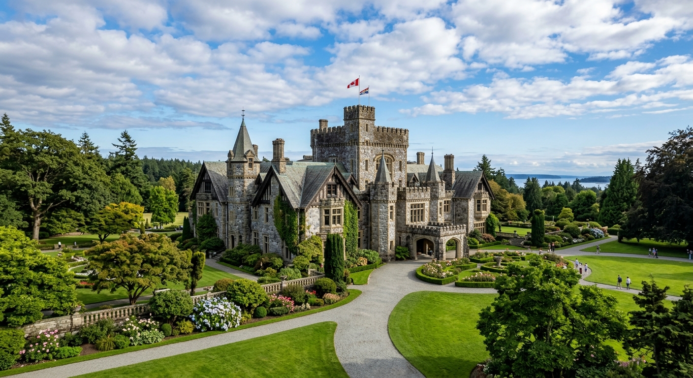 Hatley Castle at Royal Roads University, Scottish baronial style mansion with stone facade and turrets, surrounded by manicured green lawns and heritage gardens, blue sky with scattered clouds