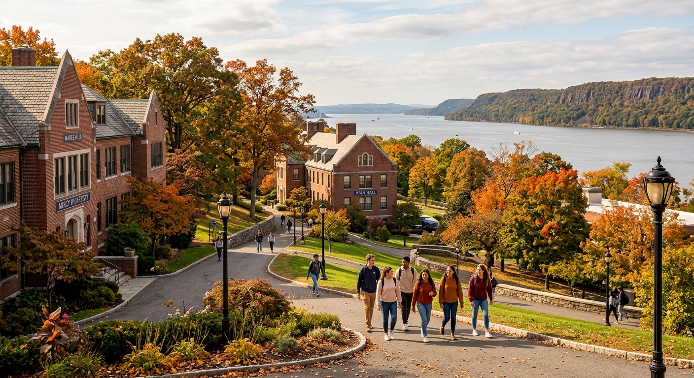 Mercy University campus in Dobbs Ferry New York, brick academic buildings surrounded by green trees, students walking along pathways with the Hudson River visible in the background, warm autumn light