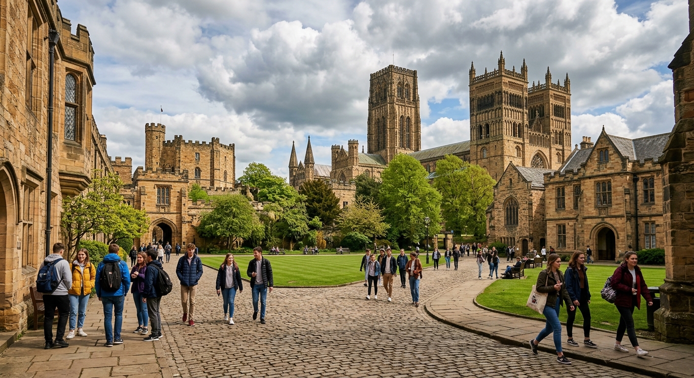 Durham University historic campus with Durham Cathedral and castle in the background, cobblestone pathways, lush green courtyards, students walking through medieval architecture under a partly cloudy sky