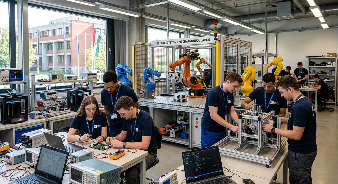 Modern engineering laboratory at Obuda University Budapest with robotic arms, mechatronic equipment, students working on circuit boards and mechanical assemblies, bright industrial lighting, Hungarian university campus setting