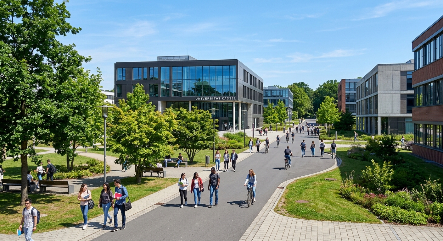 Modern university campus of the University of Kassel in Germany, featuring contemporary academic buildings surrounded by green spaces, students walking along tree-lined pathways, with a clear sky backdrop