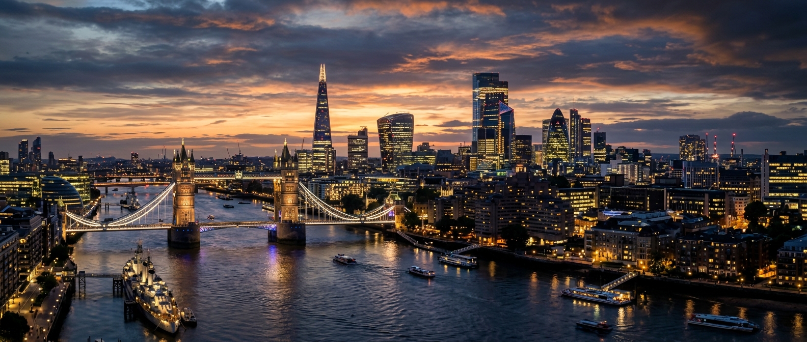 Panoramic view of London skyline at dusk, Tower Bridge illuminated, the Shard and City of London skyscrapers, River Thames reflecting city lights, dramatic sky