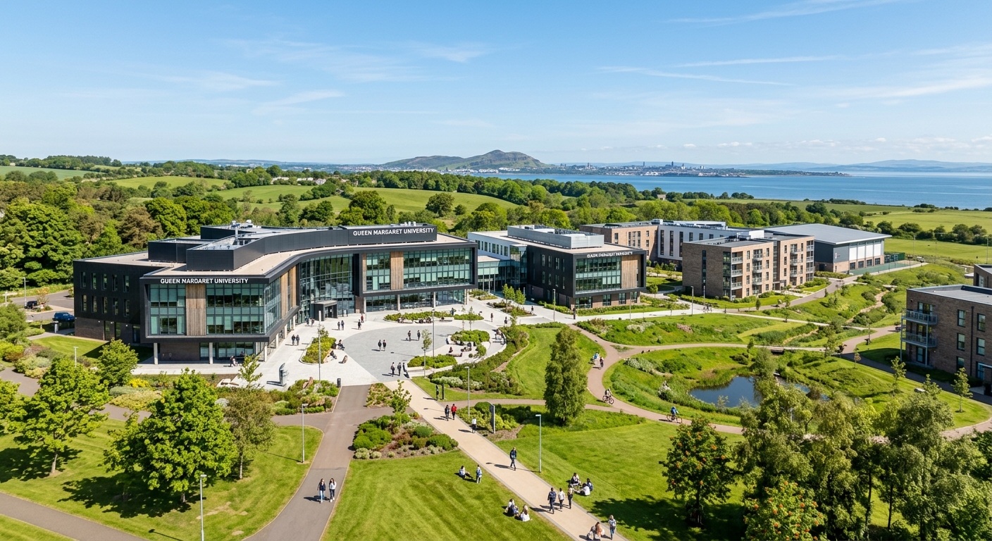 Queen Margaret University modern campus wide shot in Musselburgh Scotland, contemporary architecture surrounded by green landscaped parkland, clear sky, academic buildings with glass facades