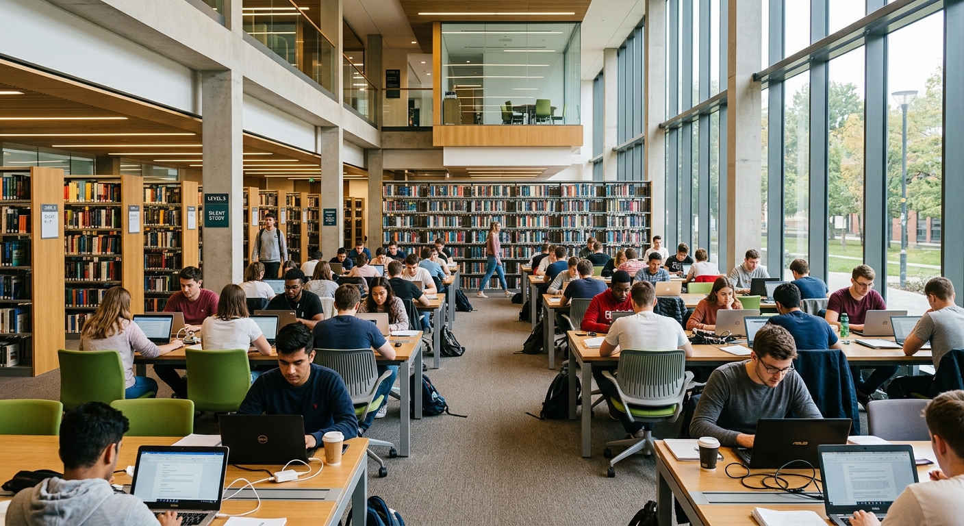 Newcastle University Philip Robinson Library interior, modern open-plan study spaces with natural light, rows of bookshelves, students studying at desks with laptops