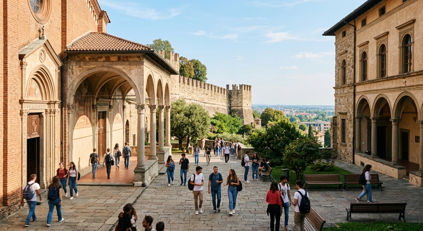 Historic Campus Sant'Agostino in Bergamo's medieval upper city (Città Alta), featuring stone arches, Renaissance architecture, and students walking through a sunlit courtyard with views of the Venetian Walls