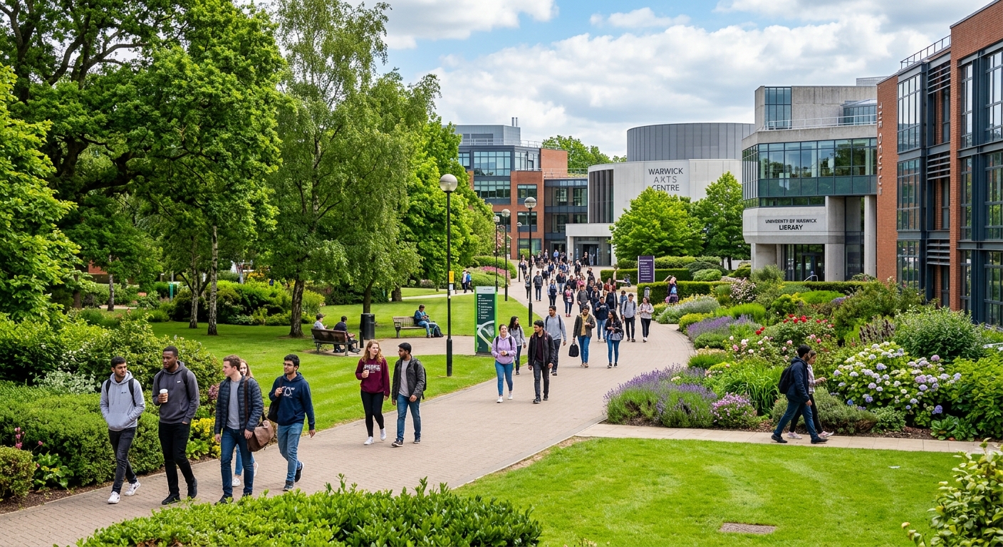 University of Warwick campus green spaces with modern academic buildings in background, students walking along pathways, lush gardens and trees