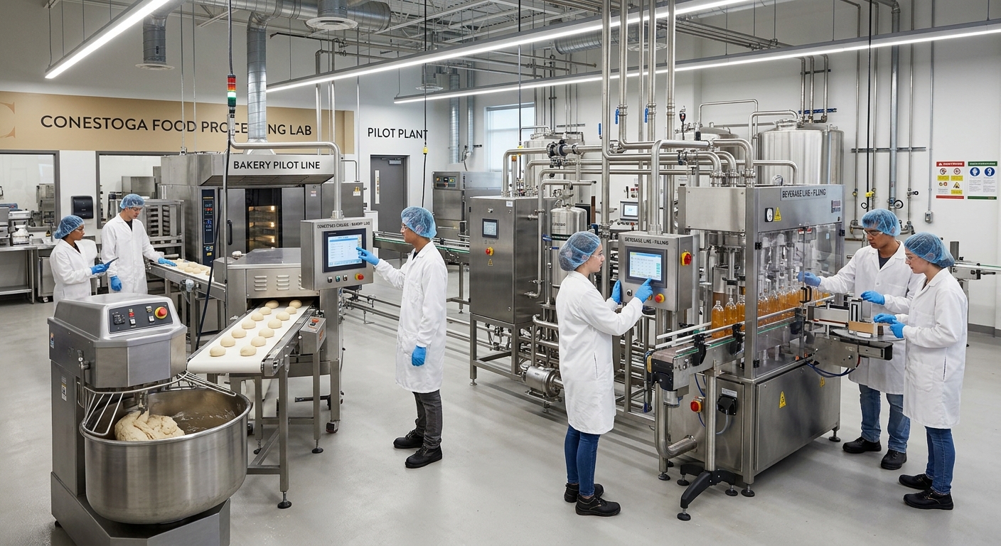 Modern food manufacturing pilot plant facility at Conestoga College, students in lab coats and hairnets operating food processing equipment, stainless steel production lines for baked goods and beverages, bright industrial lighting
