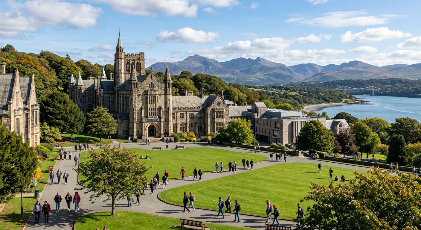 Bangor University campus with historic stone buildings set against the backdrop of Snowdonia mountains and the Menai Strait, students walking across green lawns on a bright day in North Wales