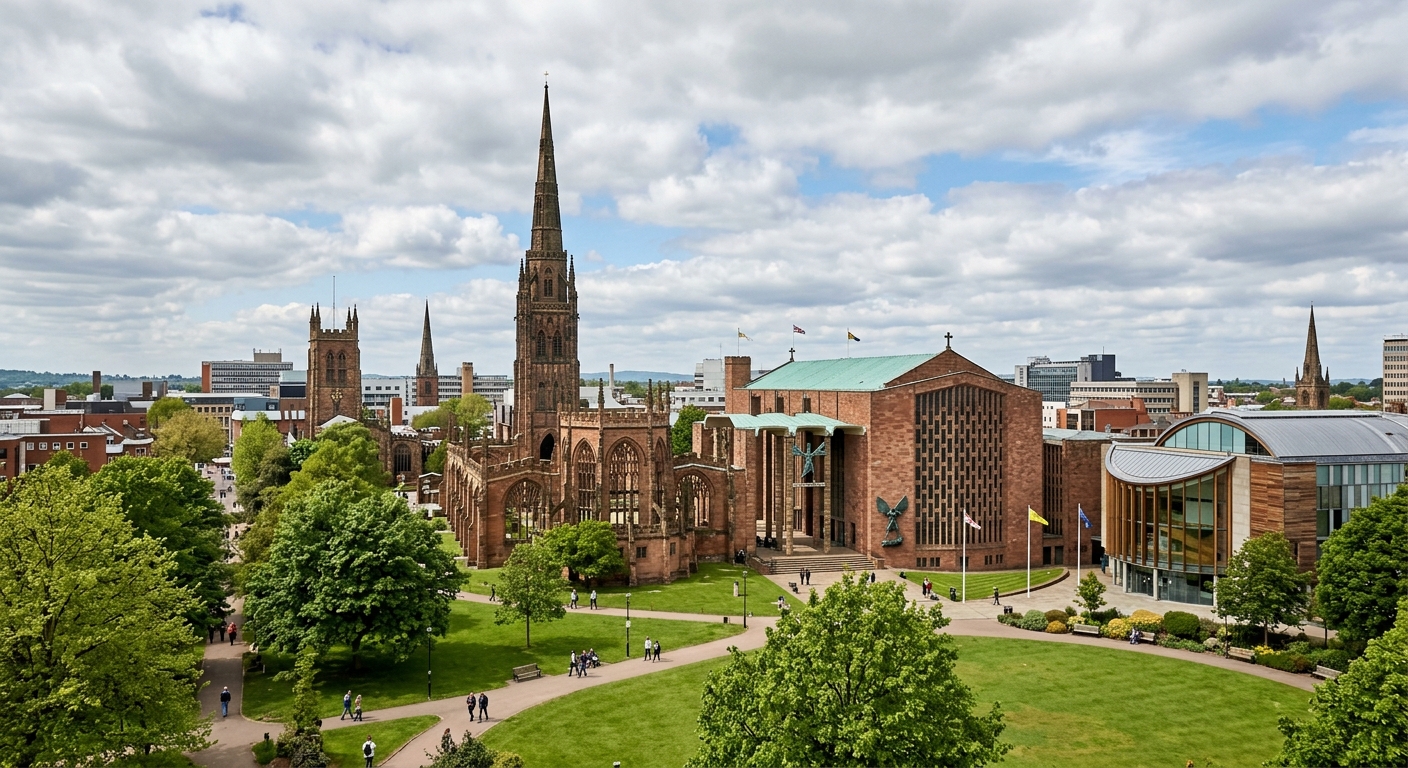 Coventry city skyline featuring the modern Coventry Cathedral alongside the medieval ruins, with the Herbert Art Gallery visible and green parkland in the foreground, under a partly cloudy English sky