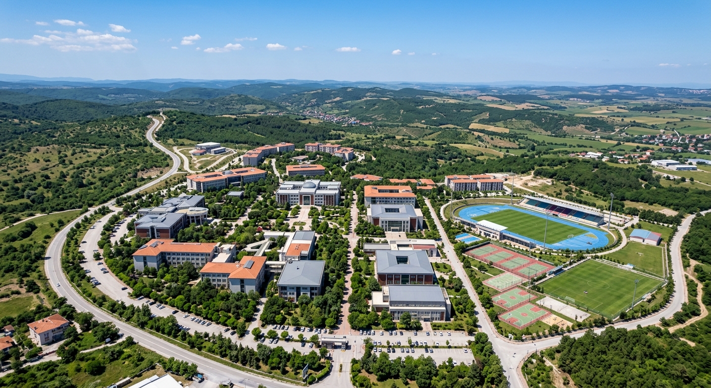 Balikesir University Cagis Campus wide aerial view, modern academic buildings surrounded by green hills and open sports fields, clear blue sky over northwestern Turkey landscape