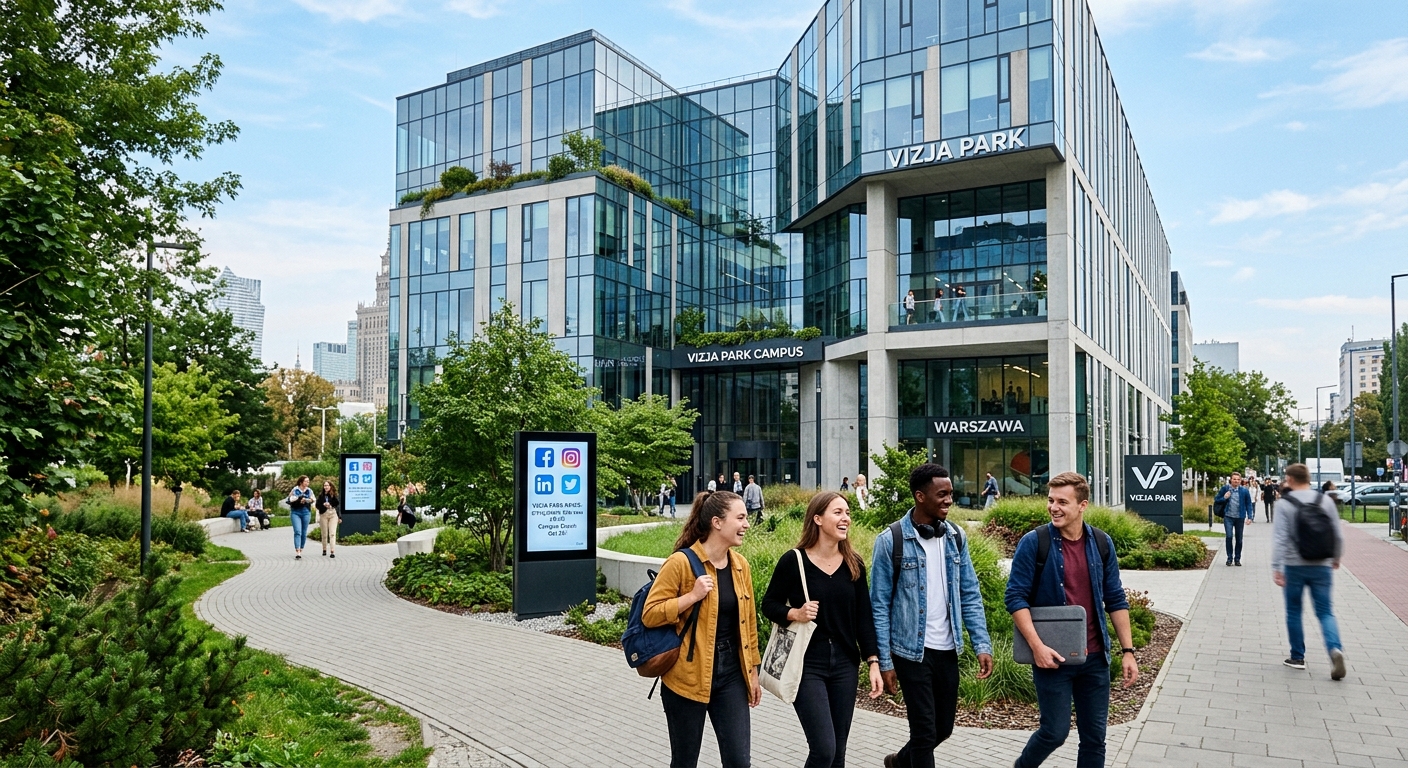 Modern Vizja Park campus building in Warsaw Poland with glass facade, students walking on pathways, digital screens displaying social media icons, vibrant urban setting with green spaces