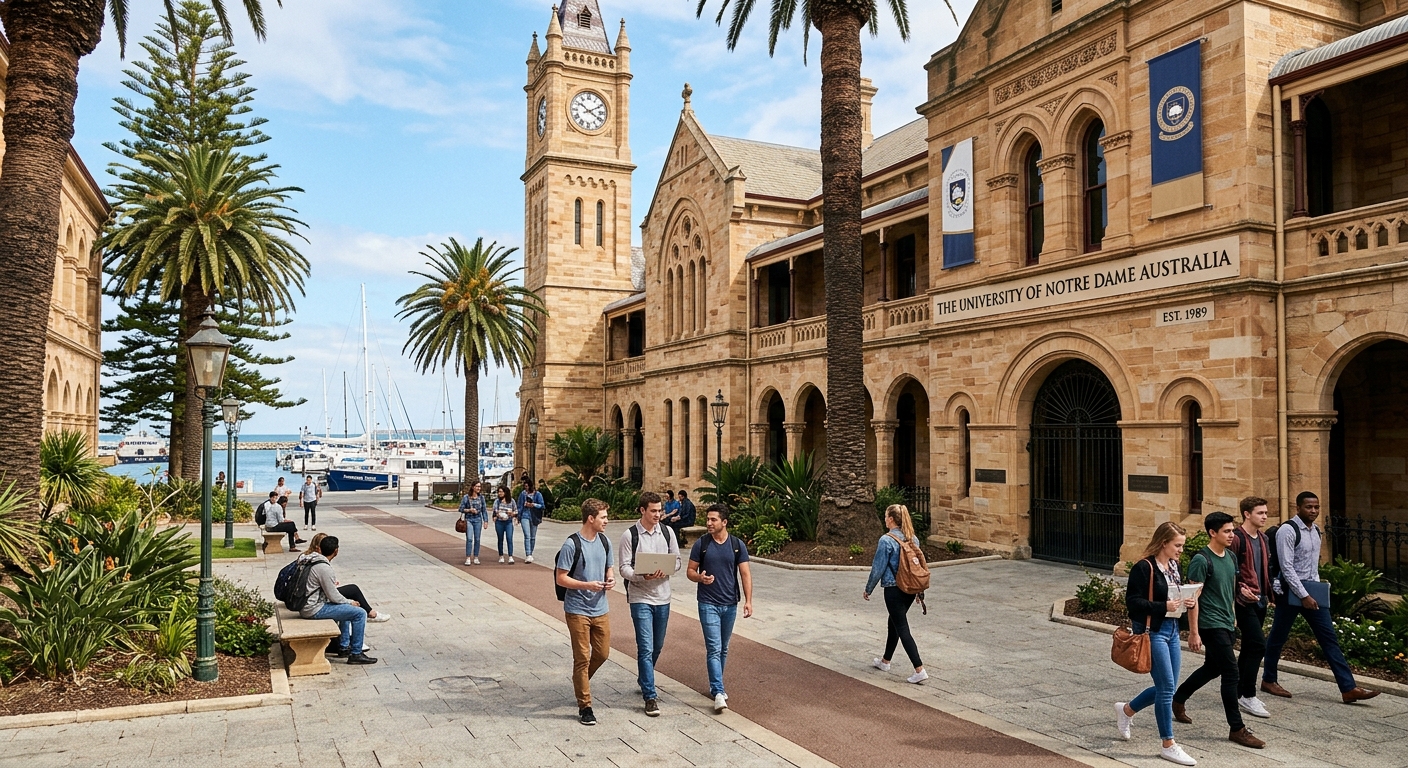 Historic sandstone university buildings in Fremantle Australia with palm trees, students walking through a sunlit courtyard near the harbour, University of Notre Dame Australia campus