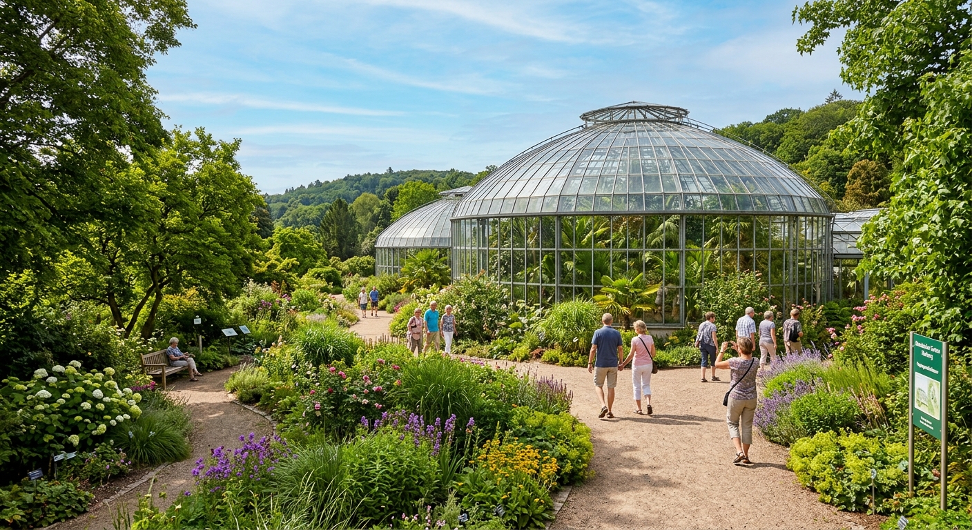 Marburg Botanical Garden on Lahnberge campus with lush tropical greenhouses, diverse plant collections, winding garden paths, visitors exploring in warm sunlight