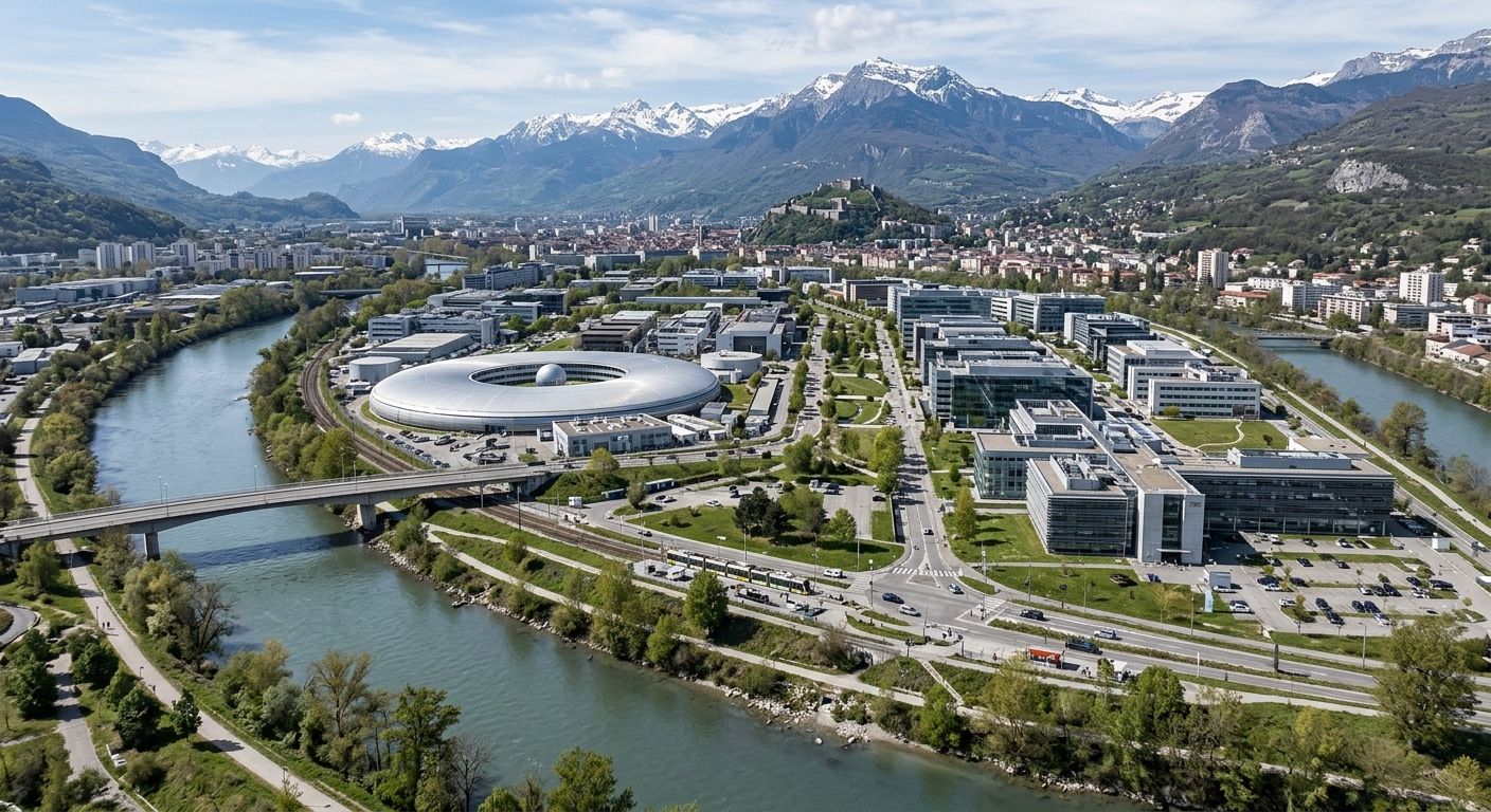 Campus GIANT Grenoble with high-tech research buildings, the European Synchrotron Radiation Facility, and the Isère river in the foreground