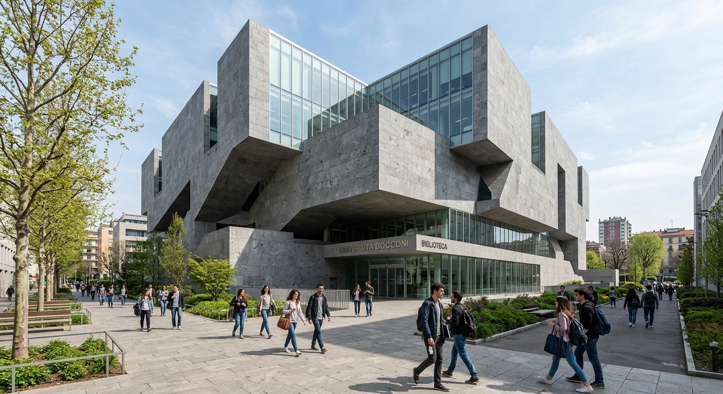Bocconi University Grafton Architects library building, geometric gray stone and glass facade, modern academic architecture, students walking on campus paths, daytime
