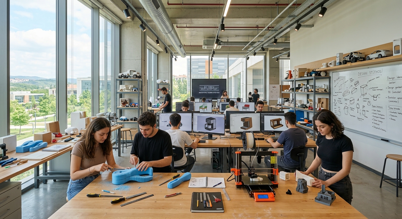 Modern industrial design studio at Özyeğin University campus in Istanbul, students working on product prototypes and 3D models, bright workshop space with design tools, foam models, and computer screens showing CAD software, large windows with natural light