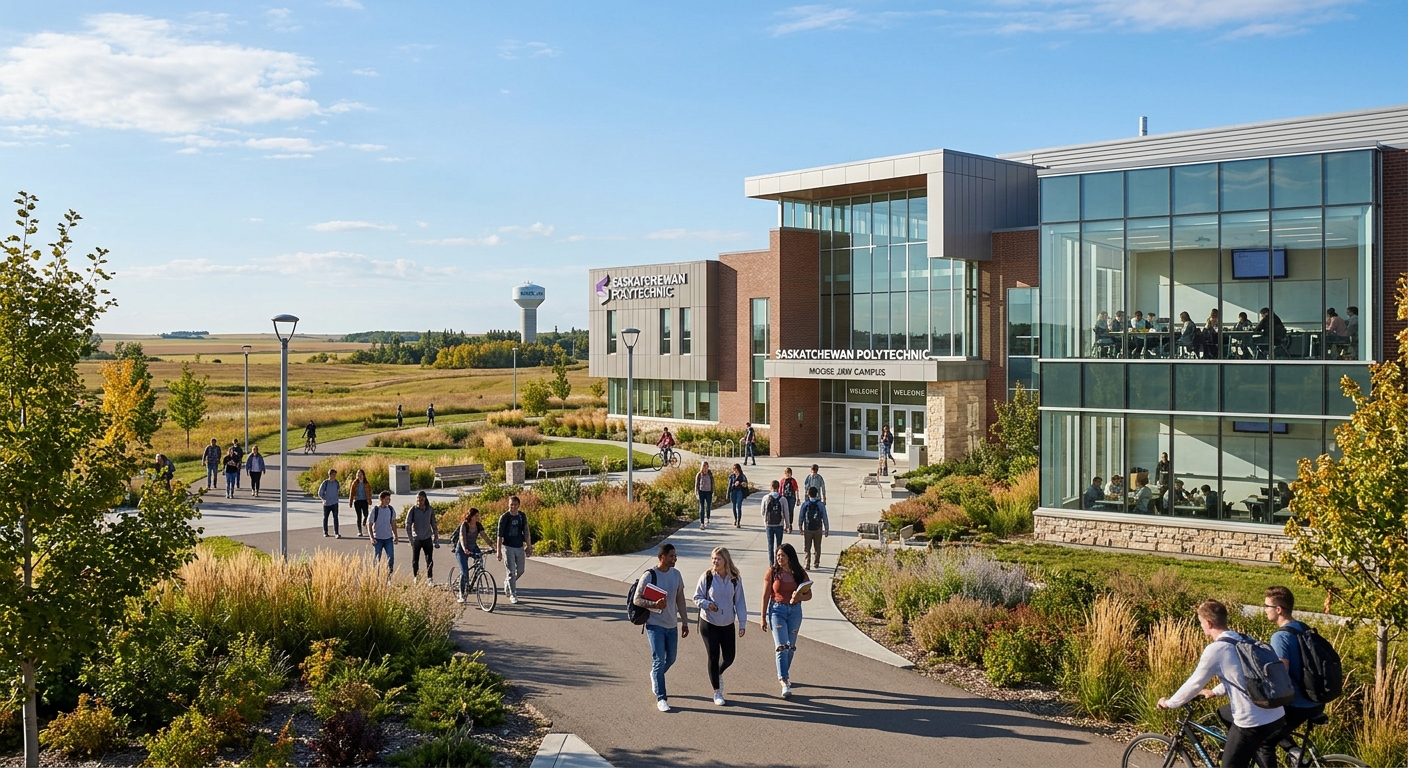 Saskatchewan Polytechnic campus building in Saskatchewan, Canada, with modern classrooms and students walking on pathways surrounded by prairie landscape and clear skies