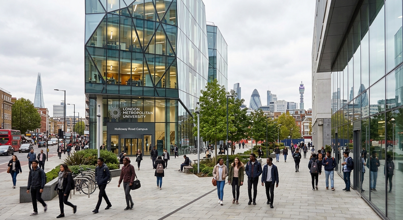 Modern London Metropolitan University campus building on Holloway Road with glass facade, students walking in courtyard, London cityscape in background, bright overcast sky typical of London