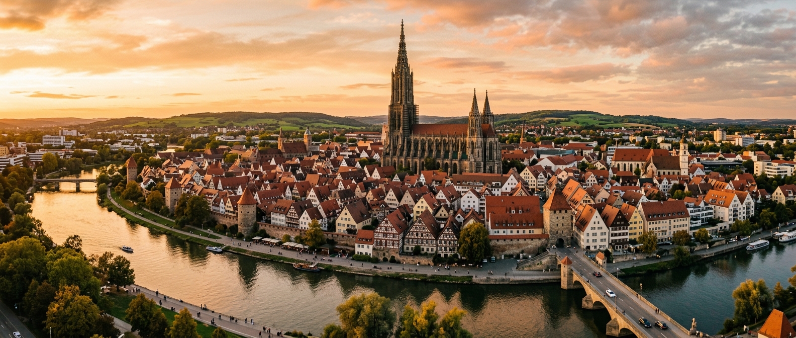 Panoramic view of Ulm city skyline with the iconic Ulm Minster cathedral and its tall Gothic spire, Danube River flowing through the foreground, medieval old town buildings, green hills in background, golden hour lighting