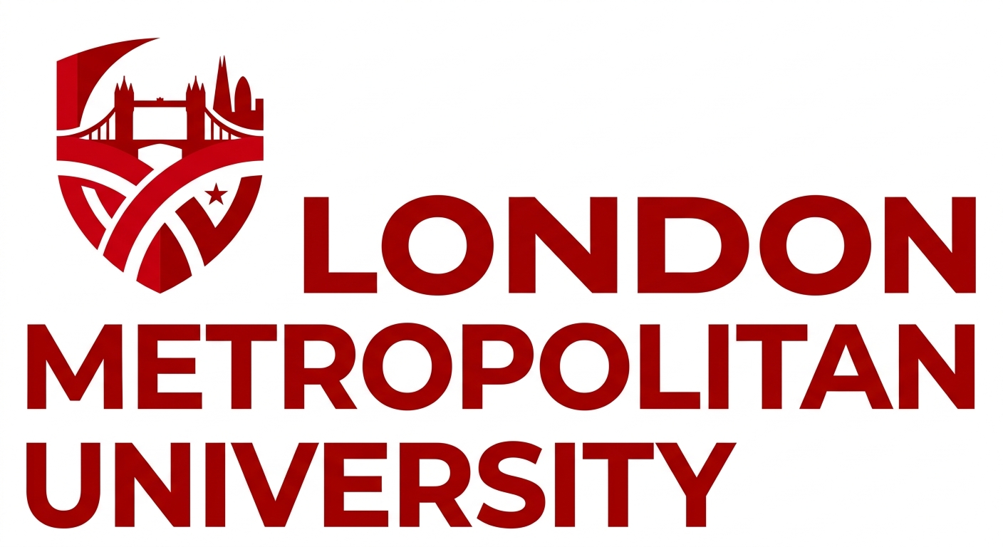 London Metropolitan University official logo, stylized red and white design with university name in bold modern typeface