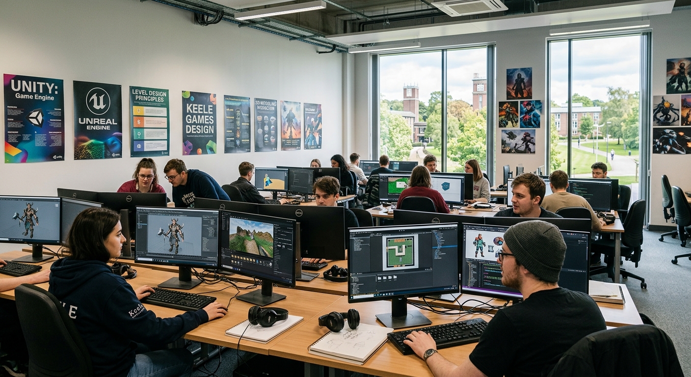 Modern university computer lab with students working on game design projects, dual monitors displaying 3D models and game engines, creative posters on walls, natural light from large windows, Keele University campus setting