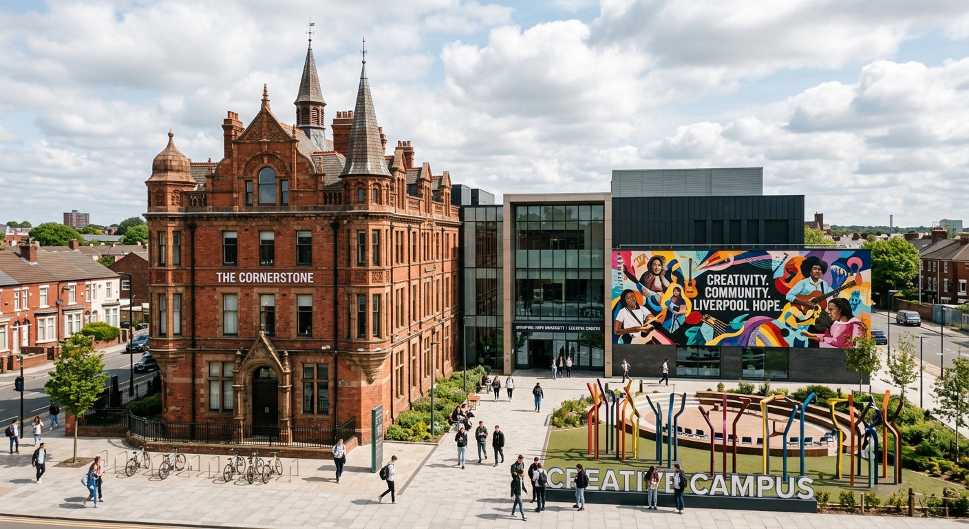 Creative Campus Liverpool Hope University, historic Grade II listed Cornerstone Building alongside modern performance spaces, urban Everton setting, artistic murals and creative installations