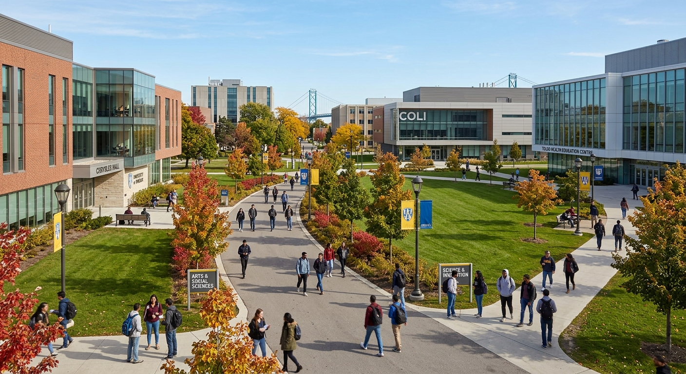 University of Windsor campus with modern academic buildings, green lawns, and students walking along tree-lined pathways in Windsor, Ontario, Canada, with a mix of arts and science facilities visible