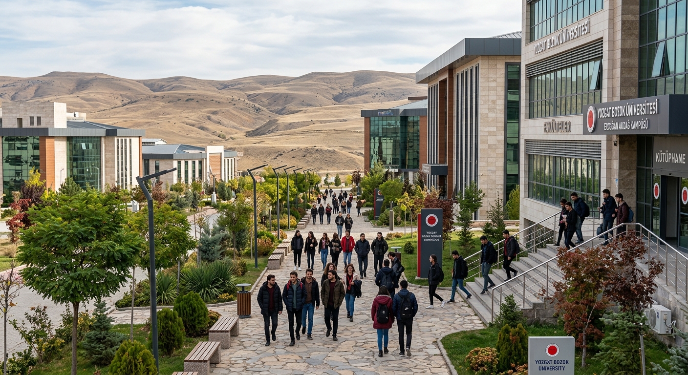 Yozgat Bozok University Erdogan Akdag Eastern Campus main academic buildings, modern architecture with landscaped walkways, students walking between lecture halls, Central Anatolian plateau in background