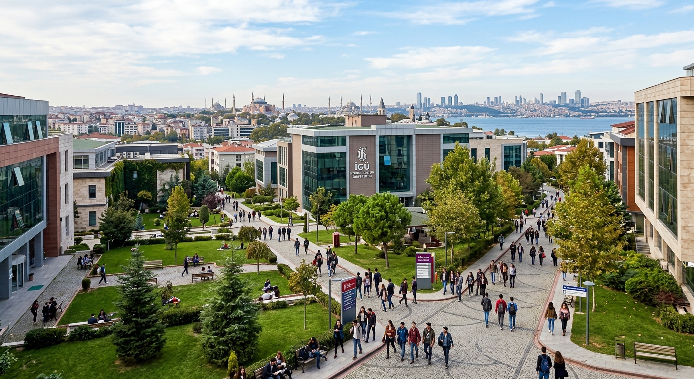 Istanbul Gelisim University campus in Avcilar district with modern academic buildings, green courtyards, and students walking along pathways with the Istanbul skyline visible in the background