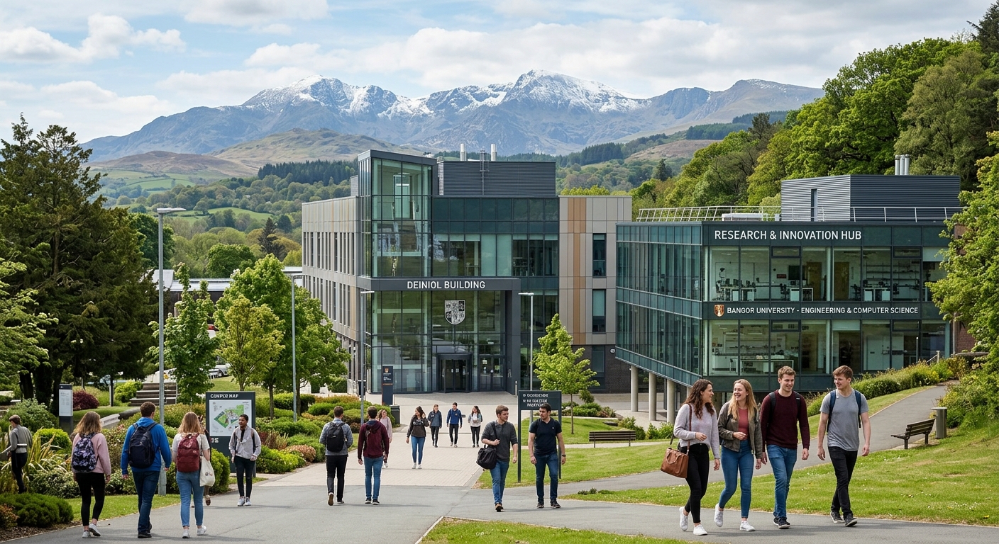 Bangor University engineering campus with modern laboratory buildings set against the backdrop of Snowdonia mountains and lush green Welsh countryside, students walking between buildings