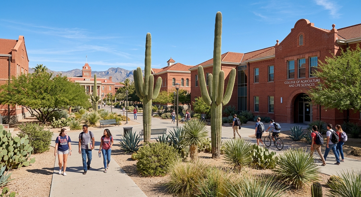 University of Arizona campus in Tucson with red brick buildings, desert landscaping with saguaro cacti, students walking near the College of Agriculture building under clear blue skies