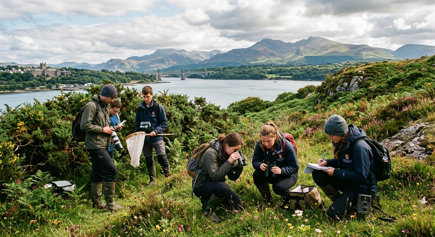 Bangor University campus with lush green surroundings near Snowdonia mountains and Menai Strait, students conducting outdoor zoology fieldwork observing wildlife in a natural Welsh landscape