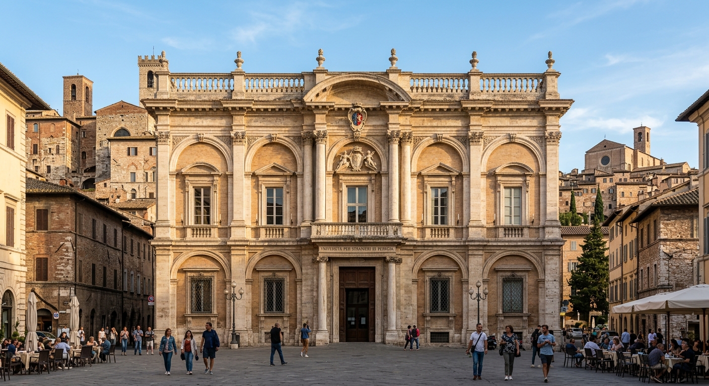 Palazzo Gallenga Stuart facade in Perugia historic center, elegant Baroque architecture with ornate columns, Piazza Fortebraccio in foreground, warm Italian sunlight, medieval buildings in background