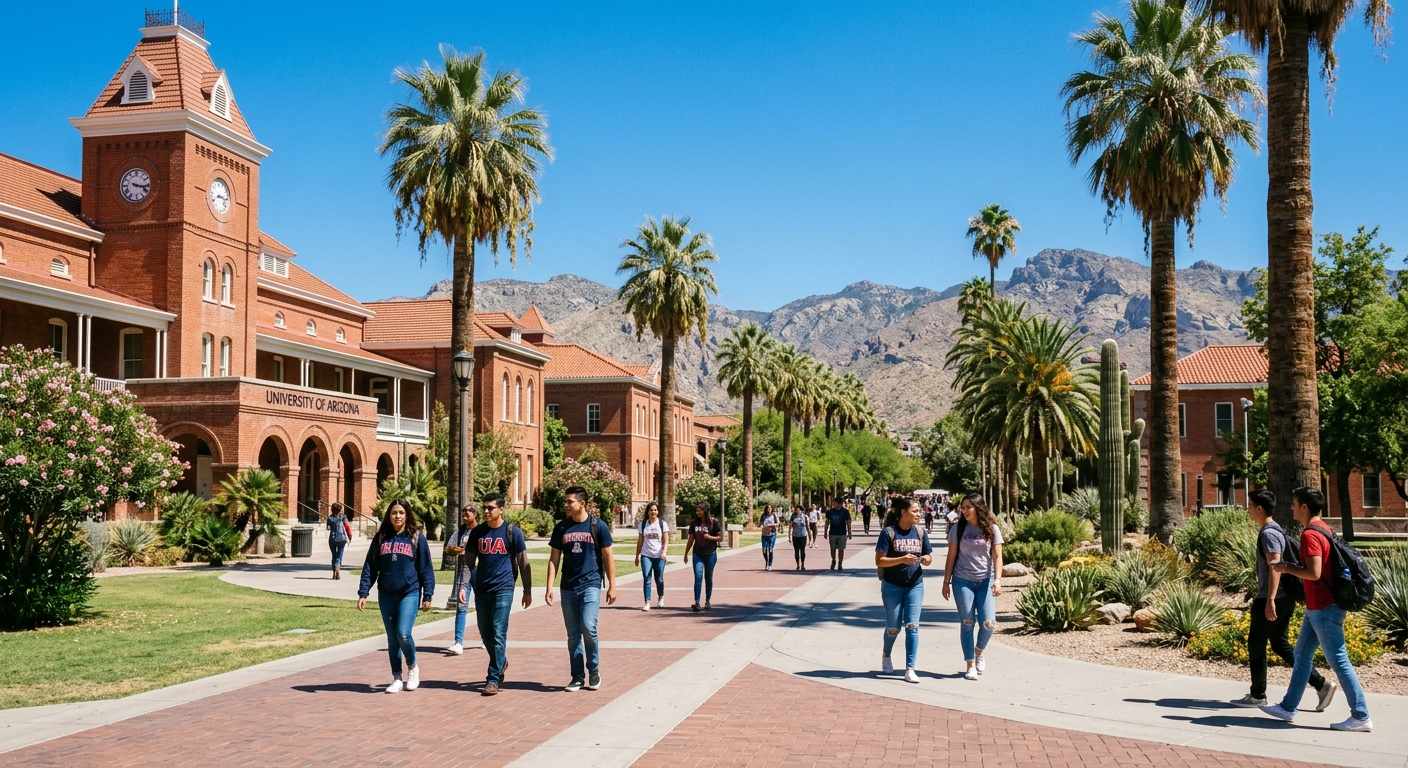 University of Arizona red brick campus buildings in Tucson with palm trees, desert mountain backdrop, and students walking along pathways under bright blue Arizona sky