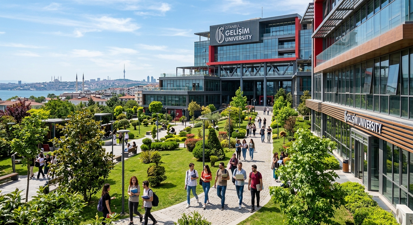 Modern Istanbul Gelisim University campus building in Avcilar district with students walking through green courtyard, contemporary architecture, Istanbul skyline in background, bright daylight