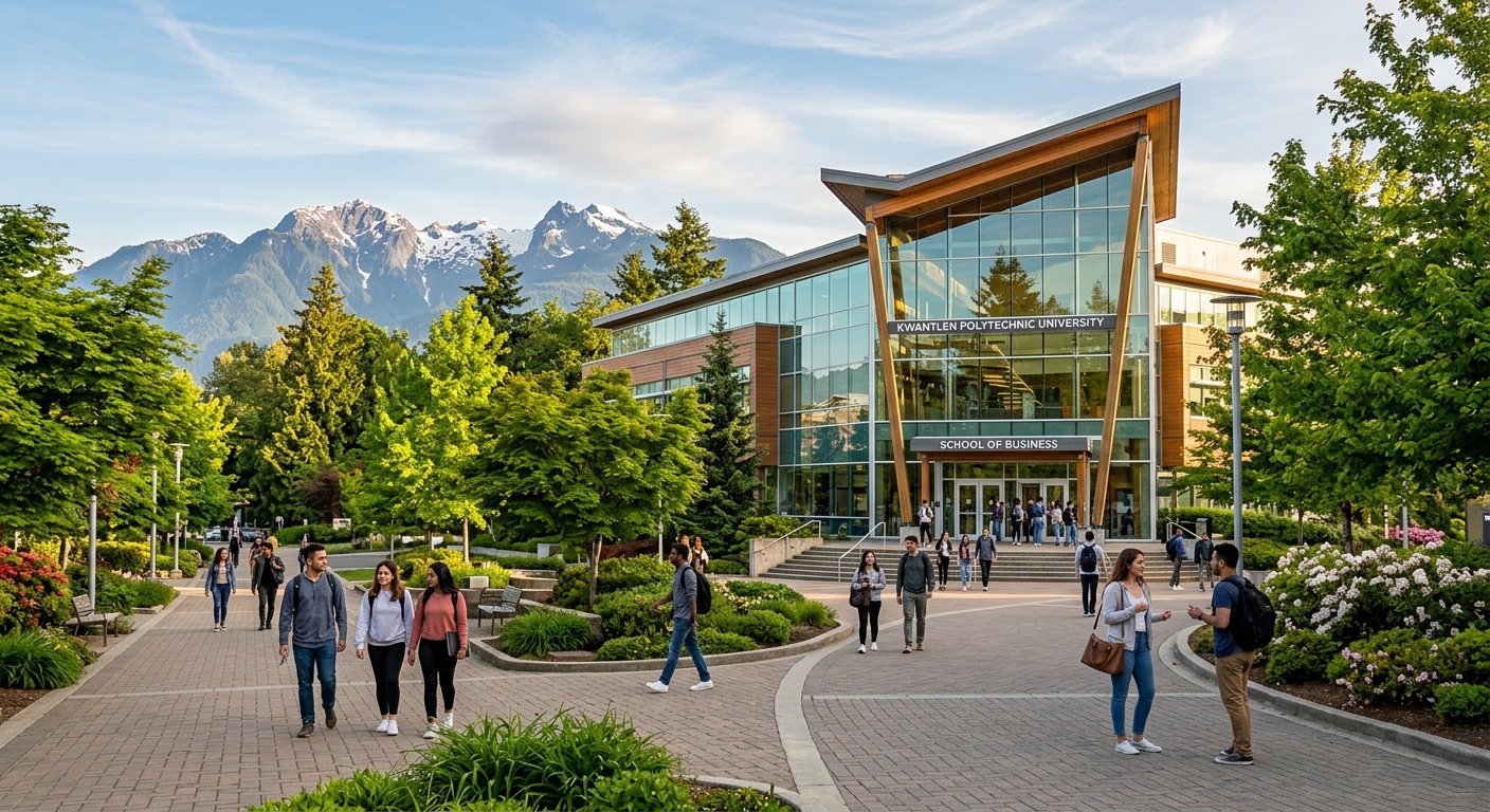 Modern university campus in Langley British Columbia with green trees, glass-fronted business school building, students walking on pathways, mountains visible in the background, warm natural lighting